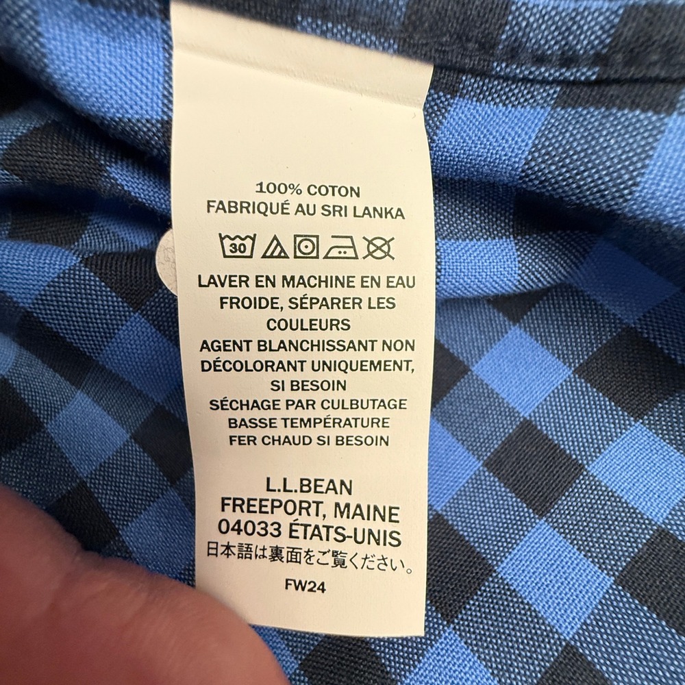 LL Bean Flannel Shirt Mens Large Tall Blue Black Gingham Cotton Button Down - Picture 8 of 10